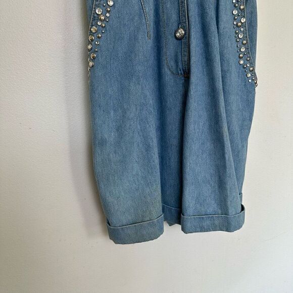 Monique Fashions Women’s Silver Tone Glitzy Studded Denim Short Button Front Rom - Picture 9 of 12